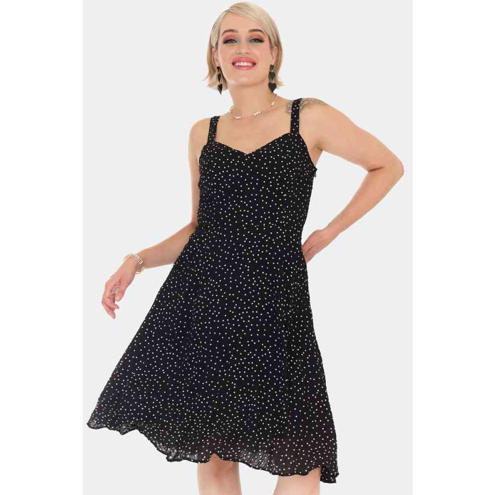 Voodoo Vixen - 50s Black Polka Dot Flare Kleid - Schwarz